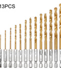 Front view of 13 piece drill bit set with 135 degree titanium coated high speed steel bits in a hard storage case for wood metal plastic aluminum copper fiberglass and more ideal for electric drills.