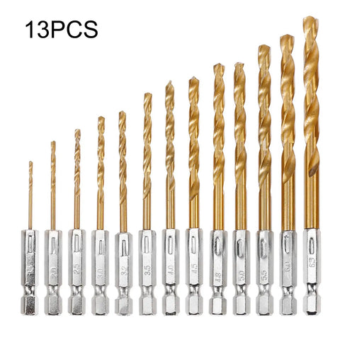 Front view of 13 piece drill bit set with 135 degree titanium coated high speed steel bits in a hard storage case for wood metal plastic aluminum copper fiberglass and more ideal for electric drills.