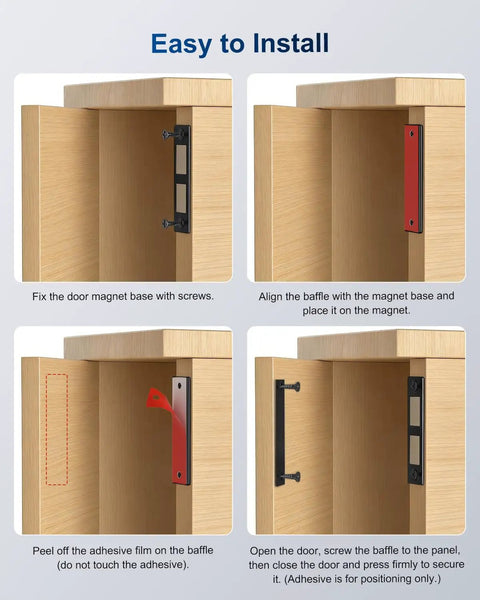 Installation steps for heavy duty magnetic door catch with twin magnet core for cabinets and drawers over 35 lb hold.