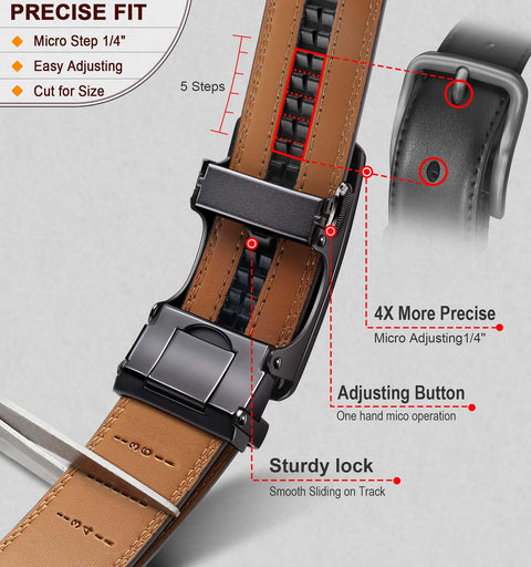 Two Pack Leather Ratchet Belts For Men With Easy Click Buckle Cut-To-Fit 1 3/8 Inch Wide Adjustable 32 To 38 Inch Waist Black And Deep Brown Built For Quick Adjustments And All Day Comfort On The Go