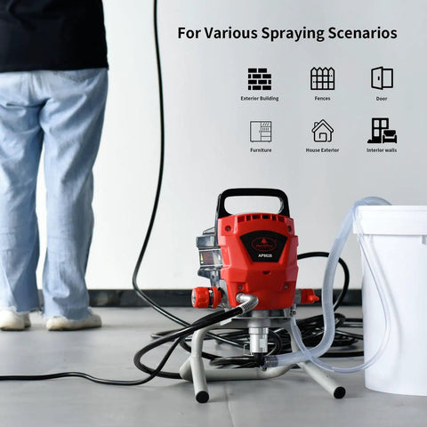 Pro Grade Airless Paint Sprayer With 950W Motor And 0.52 GPM Flow Rating showing setup for various spraying scenarios.