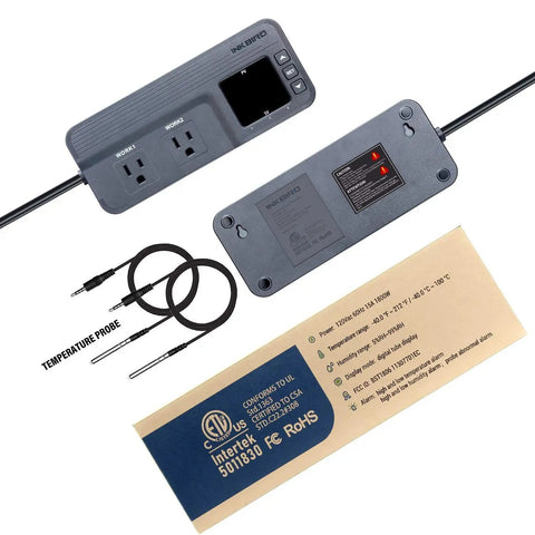 ITC-608T Temperature Controller with dual sensors and outlets, ETL listed, shown with packaging and temperature probes.