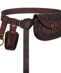 Solid Brown Viking Pirate Belt Pouch Set Of Four Legit Saddlebag Waist Bags Featuring Dang Cool Vintage Closure for Renaissance Cosplay showing brown leather pouch with intricate design.