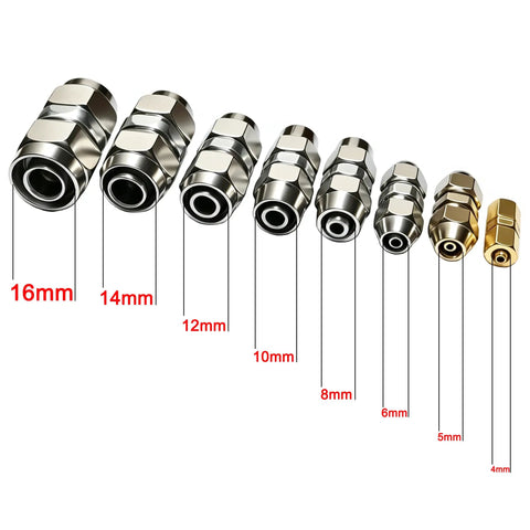 8 Pack Straight Air Fittings 4 To 16mm Heavy Duty Push In Pneumatic Connectors Tool Free Quick Install Leak Proof Secure For Air Lines Hose Systems And DIY Projects. Straight metal air fittings shown in sizes 4mm to 16mm.