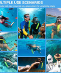 Various scenes of Mini Scuba Tank 0.5L Portable Underwater Air Cylinder With Pressure Gauge for shallow water activities and rescue.