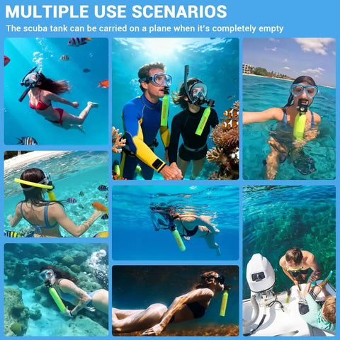 Various scenes of Mini Scuba Tank 0.5L Portable Underwater Air Cylinder With Pressure Gauge for shallow water activities and rescue.