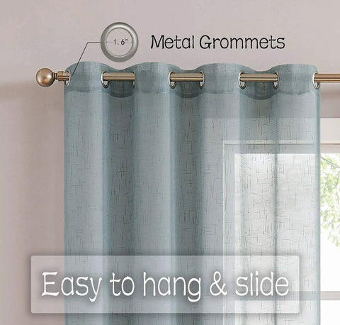 Faux Linen Sheer Curtains 54 by 63 Inches Set of 2 with nickel metal grommets installed on curtain rod, open weave fabric