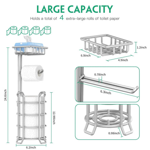 Freestanding Toilet Paper Holder With Storage Shelf Metal Tissue Roll Dispenser 4 Raised Feet Keeps Rolls Clean And Dry Durable Rust Resistant Steel Construction Great For Small Bathrooms And Busy Homes with dimensions shown and capacity details.