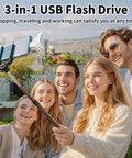 3 In 1 USB Flash Drive For iPhone iPad, 256GB, MFi Certified, Lightning USB C USB A Multi Function Memory Stick, Metal Durable Silver, Fast Transfer And Safe Data Storage, shown with group selfie