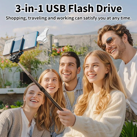 3 In 1 USB Flash Drive For iPhone iPad, 256GB, MFi Certified, Lightning USB C USB A Multi Function Memory Stick, Metal Durable Silver, Fast Transfer And Safe Data Storage, shown with group selfie