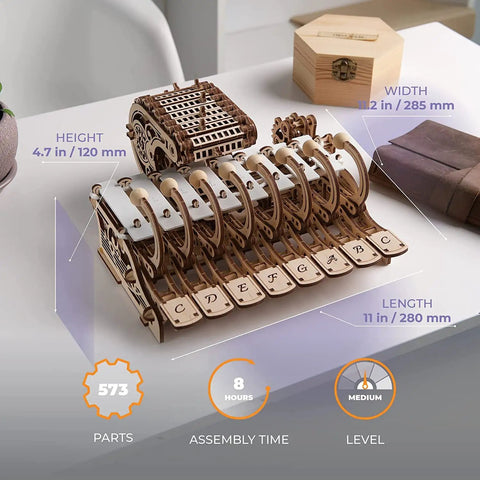 Mechanical Celesta Wooden Puzzle Kit For Adults, 3D DIY Musical Instrument That Doubles As A Functional Mini Piano, Music Box And Xylophone Brain Teaser, 4.7 Inch Tall Wood Model on table