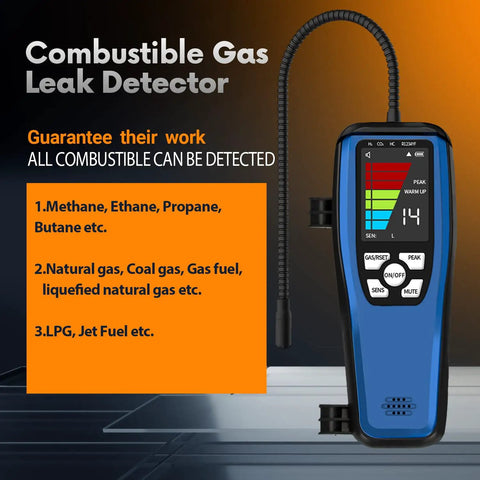 LD600 Portable Gas Leak Detector With 16 Inch Gooseneck 3000mAh Rechargeable Battery, blue handheld unit on display