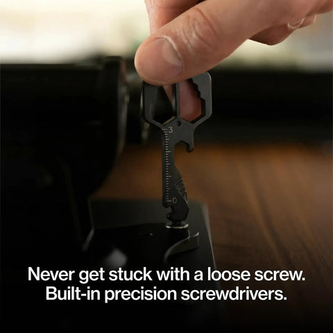 Hand using Pocket Ready Five In One EDC Keychain Tool With Box Opener Ruler Pry Bar Phillips And Flat Head Screwdrivers on a piece of equipment