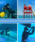 Image showing various applications of Mini Scuba Tank 1.9L Twin Pack Portable Diving Tank Reusable Pony Bottle For Underwater Exploration Lung Air Tank Kit With Vests Family Buddy Kit Boat Cleanup Rescue S700 Plus, including recreational diving, emergency rescue, pool inspections, and boat inspection/cleaning.