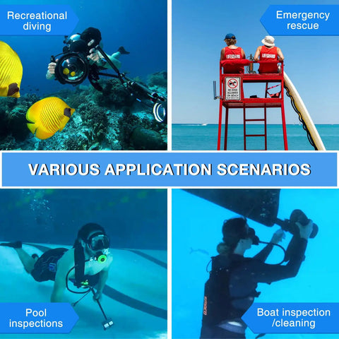Image showing various applications of Mini Scuba Tank 1.9L Twin Pack Portable Diving Tank Reusable Pony Bottle For Underwater Exploration Lung Air Tank Kit With Vests Family Buddy Kit Boat Cleanup Rescue S700 Plus, including recreational diving, emergency rescue, pool inspections, and boat inspection/cleaning.