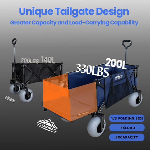 Large Capacity Beach Wagon For Sand With All Terrain Balloon Wheels 9x4 Inch 200L Capacity And 330Lb Heavy Duty Collapsible Cart With Extended Tailgate