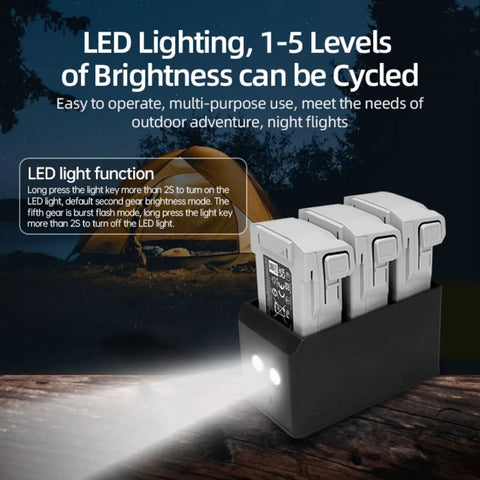 LED-lit Three Battery Charging Hub For DJI Mini 3 Mini 3 Pro And Mini 4 Pro Drones Fast Charge Dock with camping background