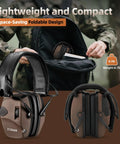 Electronic Shooting Ear Protection With 4X Sound Amplification, 2 Pack Slim Active Noise Reduction Earmuffs For Gun Range shown folded and in backpack