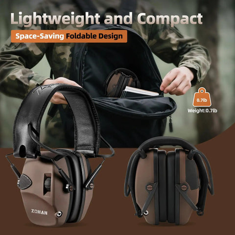 Electronic Shooting Ear Protection With 4X Sound Amplification, 2 Pack Slim Active Noise Reduction Earmuffs For Gun Range shown folded and in backpack