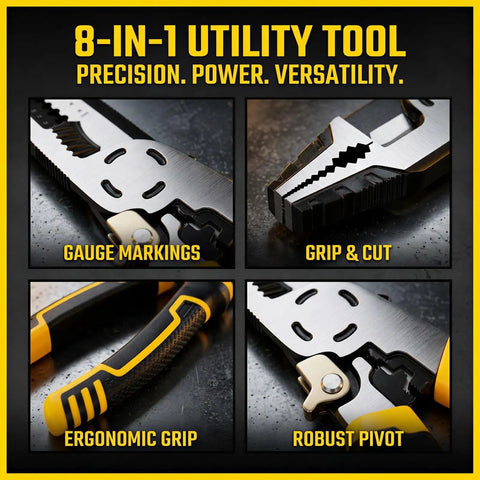 Get This Bad Boy 8-In-1 Multi-Function Wire Stripper Pliers Made From Tough CR-V Steel Built For Pros showing gauge markings and ergonomic design.