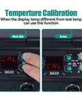 Close-up of Soldering Iron Station 750W Dual LCD Digital SMD Rework Kit with Hot Air Gun 2 In 1, showing temperature calibration.