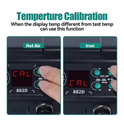 Close-up of Soldering Iron Station 750W Dual LCD Digital SMD Rework Kit with Hot Air Gun 2 In 1, showing temperature calibration.