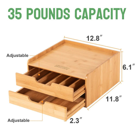 No-Fuss All-In-One Bamboo Drawer Organizer For Keurig K Cup Pods And Tea Bags With Adjustable Dividers and Large Capacity