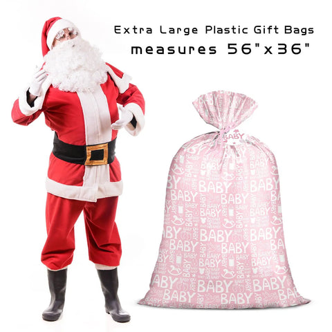 Pink Jumbo Plastic Gift Bag With Baby Girl Design Includes Tag And Tie 56 X 36 Inches Extra Large next to Santa Claus figure