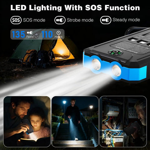 Outdoor Solar Power Bank 20,000mAh Portable Charger With USB C And 3 USB Ports LED flashlight camping scene