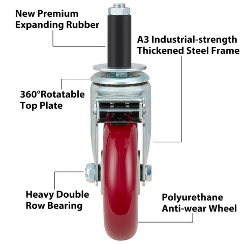 Hella Tough 5 Inch Expanding Stem Caster Wheels Set of 4 with Brakes for Heavy-Duty Worktables showing red polyurethane wheel and steel frame.