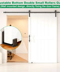 Bottom Floor Guide For Sliding Barn Doors, Wall Mount Floor Guide With Adjustable U Shape Flush Design, Independent Roller Tweaks For Ultra Smooth, Quiet Sliding, Fits Varied Door Thicknesses, Reduces Scrapes mounted on white barn door