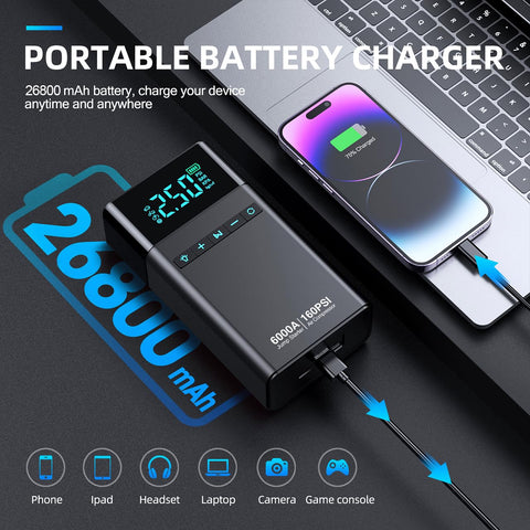 All-In-One Portable Car Jump Starter With Air Compressor, 6000A Jump Box charging a phone, showing digital display