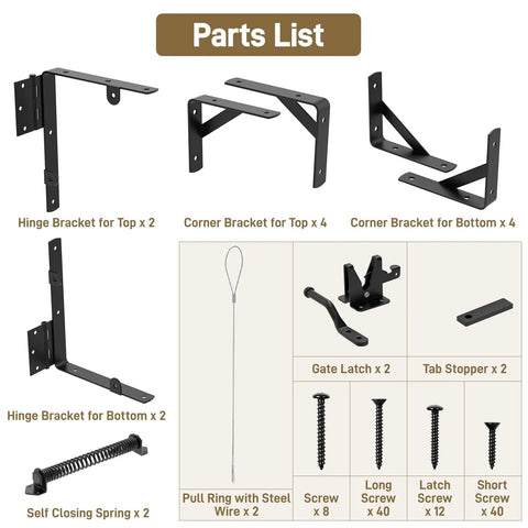 Anti Sag Gate Kit Two Pack Heavy Duty Fence Hardware parts list: black steel brackets, latch, spring, wire, screws