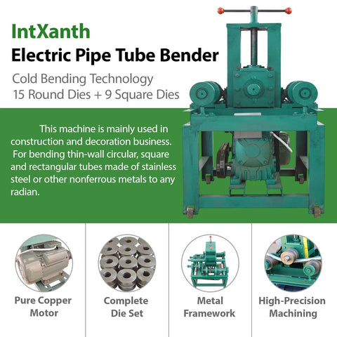 Heavy Duty Electric Pipe Tube Bender 3HP 220V Single Phase Rigged With 15 Round And 9 Square Die Sets For Crushing 2Mm Wall Tubing Projects Without Skipping A Beat On The Shop Floor, showing motor and die set.