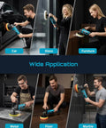 Collage of Powerful 1600W Rotary Buffer Polisher With Copper Motor used on car, glass, furniture, metal, floor, marble surfaces