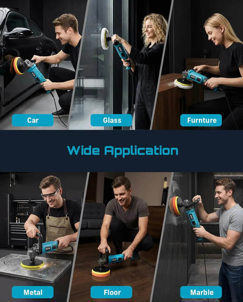 Collage of Powerful 1600W Rotary Buffer Polisher With Copper Motor used on car, glass, furniture, metal, floor, marble surfaces