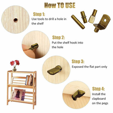Steps showing how to use Heavy Duty Steel Shelf Pins And Pegs Kit, featuring bronze hardware, for cabinet installation.