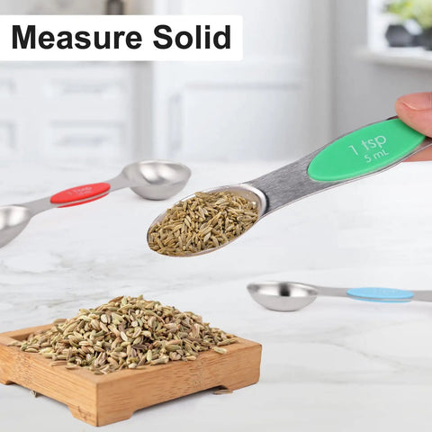 Magnetic Dual Sided Stainless Steel Measuring Spoons Set 7 Piece With Leveler for Cooking Baking and Medicine, measuring spices.