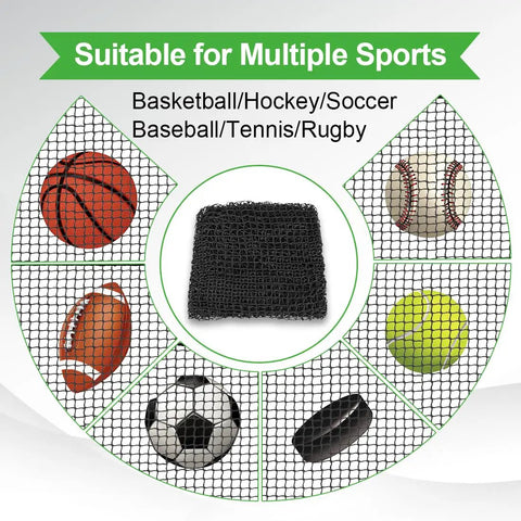 12x12 Ft Golf Practice Netting With Thick Border For Backyard And Garage, shown with various sports balls, versatile use
