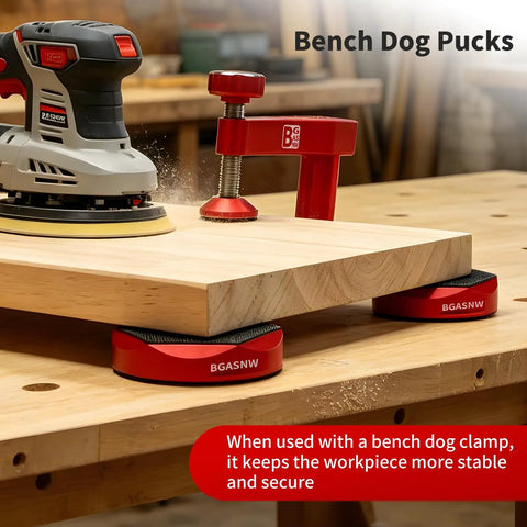 Ironclad Bench Dog Clamp Pack For Mft Workbenches With Ten Nonslip Inserts, showing clamps securing a wood piece for sanding.