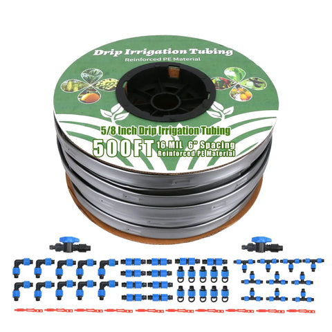 500 Ft 5/8 Inch Drip Tape Irrigation Kit With 16 Mil Heavy Duty Reinforced PE Material, 6 Inch Emitter Spacing, Silver Reflective