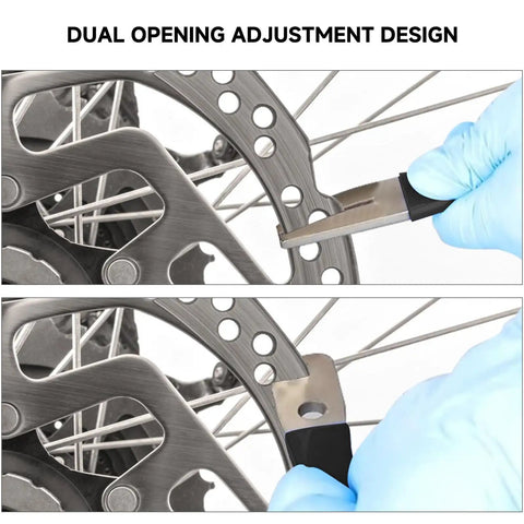 Disc Rotor Truing Fork Tool Kit For Bicycle Brake Pad Alignment And Rotor Calibration in use, showing dual opening adjustment design