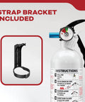 Vehicle Fire Extinguisher 5BC For Cars And Trucks All Metal Construction With Rust Resistant Handle shown with strap bracket included.