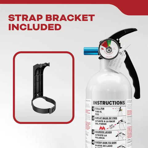 Vehicle Fire Extinguisher 5BC For Cars And Trucks All Metal Construction With Rust Resistant Handle shown with strap bracket included.