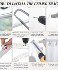 Ceiling Curtain Track Set White Heavy Duty Ceiling Mount Adjustable Length 9.8ft To 13.2ft With Clips Hooks End Caps Pulleys Hardware Included For Room Divider installation steps
