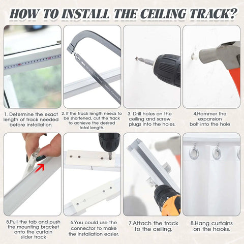 Ceiling Curtain Track Set White Heavy Duty Ceiling Mount Adjustable Length 9.8ft To 13.2ft With Clips Hooks End Caps Pulleys Hardware Included For Room Divider installation steps
