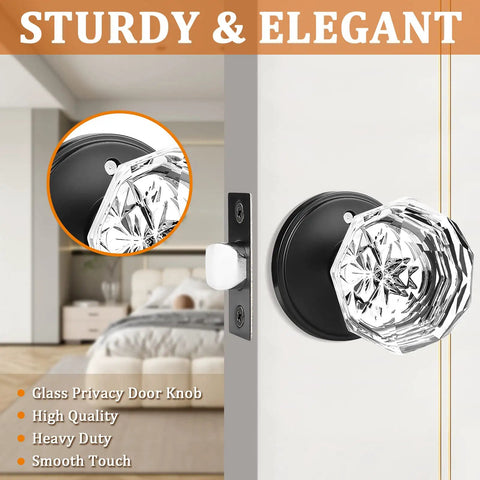 Five Pack Glass Door Knobs With Flat Black Rosettes For Privacy, interior door hardware shown on bedroom door.