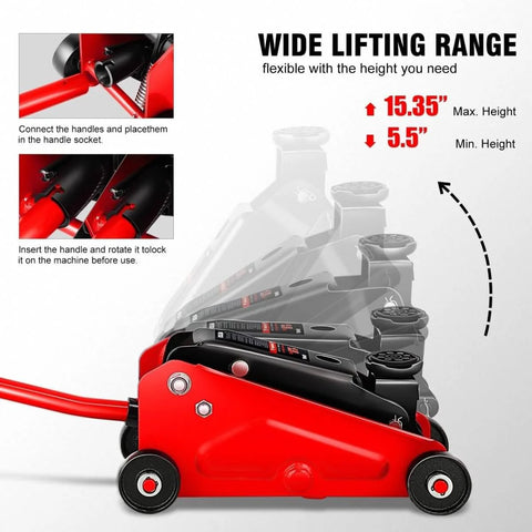Diagram showing Low Profile Hydraulic Trolley Floor Jack 1.5 Ton Capacity 3000 Lbs Lift Range 5.5 To 15.35 Inches Red Car Service Tool