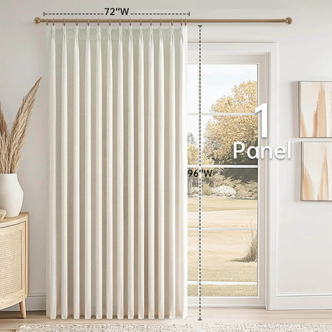 96 Inch Long Natural Pinch Pleated Blackout Curtains With Thermal Insulation And Linen Look One Panel 72W By 96L Inches Boss Level Light Blocking For Large Living Room Windows Track System Drapes For Bedroom Privacy And Noise Reduction in a living room setting.