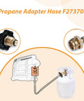 Diagram of 10 Foot Propane Adapter Hose For Buddy Series Heaters connecting propane tank and heater with close-up fittings